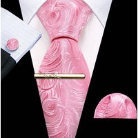 Wedding Peach Pink Silk Tie For Men Exquisite Geometric Jacquard Handkerchief Cufflinks Clips Sets Groom Party Gifts Barry.Wang