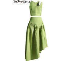 TWOTWINSTYLE Spliced Folds Two Piece Sets For Women Round Neck Sleeveless Hollow Out Vest High Waist Skirt Solid Set Female 2023