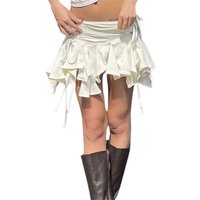 Women Solid Color Gothic Punk Irregular Skirts Summer Fashion Drawstring Tie-Up Ruched Ruffles Mini Skirt Black/White