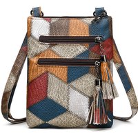 Retro PU Soft Leather Multi Pocket Handbag Shoulder Bag with Color Blocking Plaid Tassel Cross Bags, Mobile Phone Messenger Bag