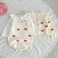 Autumn Winter Toddler Baby Girl Knitting Clothes Suit Long Sleeved Embroidered Knitted Cardigan+Jumpsuit Children Clothes Set