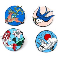 4pcs Chinese Style Auspicious Divine Beasts Badges Crane Swallow Phoenix Koi Fish Deer Animal Brooch Enamel Pins Jewelry