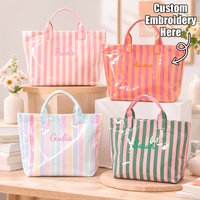 Fashion Striped Tote Bag Women Custom Name Embroidery Large Capacity Beach Bag Waterproof PVC Shopping Handbag Summer Gift