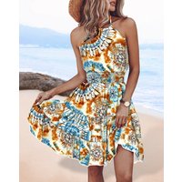 Women's Boho Halter Neck Sleeveless Tiered Mini Dress with Elastic Waist and Geometric Print