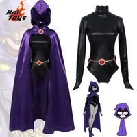Teen Titans Raven Cosplay Costume Deluxe Jumpsuit Cloak Belt Suit Halloween Uniform for Women XS-3XL