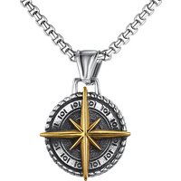 Two Tone Compass Pendant men's Necklace Stainless Steel Retro Hip-hop Style Silver Color Neck Chain Fashion Jewelry Wholesale