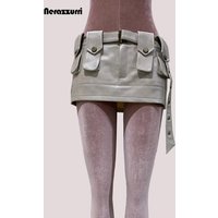 Spring Summer Short Distressed Black Pu Leather Mini Skirt Women Low Waist Three-dimensional Pockets Luxury Designer Emo Clothes