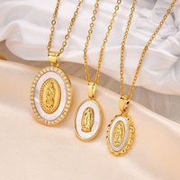 Vnox Guadalupe Virgin Mary Necklace for Women Teens, Gold Plated Oval Zircon Inlay Mary Pendant Collar Faith Gift