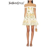 TWOTWINSTYLE Tea Date Off Shoulder Yellow Floral Mini Dress for Women Slash Neck Slim Ruffle Hem Design Skirt for Garden Picnic