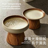 Ceramic Pet Bowl for Cats Small Dogs Raised Food Water Bowl with Wood Stand Anti-tip Neck Friendly Cat Feeder for Indoor Pets