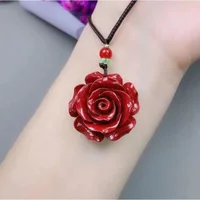 Fashion Cinnabar Jade Rose Flower Pendant Necklace Jewellery Chinese Healing Women Man Luck Gift Sweater Chain
