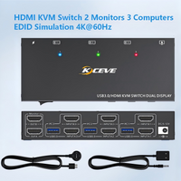 KCEVE KVM Switch 2 Monitors 3 Computers 4K@144Hz/4K@60Hz, HDMI Displayport KVM Switch Dual Monitor for 3 PC Share 4 USB 3.0 Port