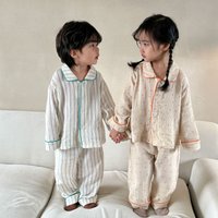 2026 New Children's Cotton Pajamas Set Striped Full Sleeve Button Shirt+Trousers 2 Pieces Suit Sleepwear Kids Soft Loose Pyjamas