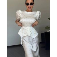 Elegant Women's Printed Waistband, Dyed Long Skirt, Slim Fit Waist, Bubble Sleeves, High-end Dress, Spring and Summer Party Robe
