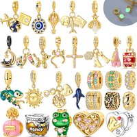 925 Sterling Silver Gold Series DIY Pendant Beads, Inlaid Zircon Eternal Family Tree Charm, Fits DIY Bracelet Jewelry Making