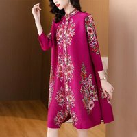 2025 New Mike Pleated Magic Dress Women's O-Neck Button Cardigan Elastic Waistband Slim and Relaxed Large Size Long Dress