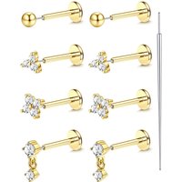 Bobisty Gold Plated Threadless Earrings Studs Set for Women 316L Surgical Steel Nose Stud Ring CZ Cartilage Helix Piercing Jewel