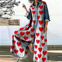Red Heart Print Wide Leg Jumpsuits Woman Turn-down Collar Button Shirt Rompers Spring Long Sleeve Loose Imitation Denim Overalls