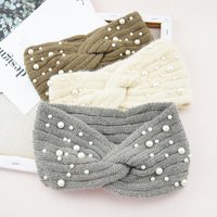 Pearl Headband Winter Ear Warmer Knitted Cross Headwrap Turban Wide Brim Headwear for Women Girls Fashion Hair Accessories