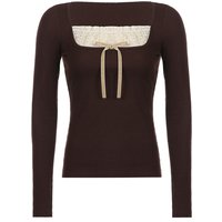 Women's Coquette y2k Top Long Sleeve Knitted Tops Lace Stitching Neckline Knitwear Bowknot Decoration Brown Tees Casual Pullover
