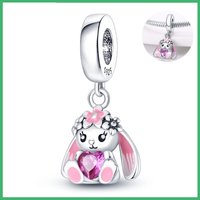 925 Sterling Silver Flower Rabbit Charms Pendant with Cubic Zirconia,Fit DIY bracelet necklace Gift for Her,Colgante Plata