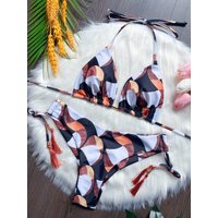Sexy print women's bikini swimsuit split set with straps and tassels 2-piece set for summer beach swimsuit