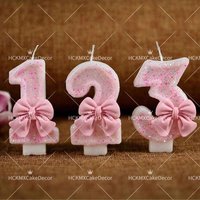 1pc Pink Glitter Number Birthday Candles with Bow for Girls 1st 2nd 3rd Birthday Party Cake Topper Decorations Supplies