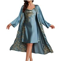 2 Piece Women's Sleepwear Set Cherry Print Long Robe with Pile Neck Halter Nightgown Elegant and Comfortable Ladies Nightwear
