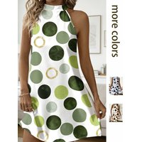 Summer Western style fresh polka dot sleeveless off-shoulder printed halter neck slimming A-line dress