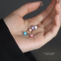 2 Pairs Stud Earrings Set 925 Sterling Silver Stone CZ Minimalist Dazzling Fashion Earrings Purple Blue Pink Zircon