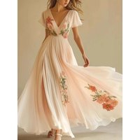 Summer New V Neck Floral Print Lady Chic Evening Gown Women Elegant Short Sleeve High Waist Party Dresses Women Holiday Dress