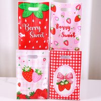 6pcs Strawberry Themed Gift Bags with Handles Sweet Strawberry Plastic Loot Bags for Family 1st Birthday Party Supplies