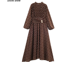Vintage Brown Polka Dot Print Long Puff Sleeve Chiffon Dress Woman Pleated Front High Waist with Sashes Ankle length Dress Robe