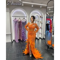 Orange Long Sleeves Evening Dresses Mermaid Crystals Formal Occasion Dresses For Women Robes De Soirée Celebrity Dresses Custom
