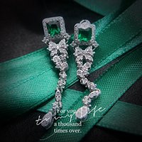 European American Luxury Fashion Green Princess Square Zircon Earrings Women's Retro Simulated Emerald Long Dangle Earring