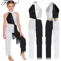 Girls Sequin Tassel Latin Dance Halter Jumpsuit Disco Costume Sleeveless Bodysuit Childs Party Romper Kids Performance Dancewear