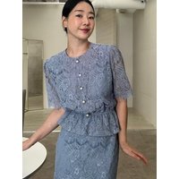 Chic Summer New Style Short Lace Shirt High Waist Half Body Skirt Set Women's Fashion Three-piece Suit round Neck Short Sleeve