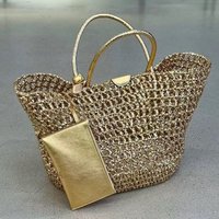 Gold Silver Handwoven Hollow out Tote Bag American Retro Style Women's Shoulder Bag Magnetic Buckle Closure PU Material