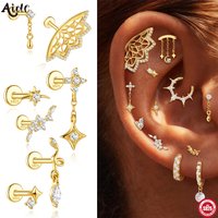 Aide S925 Sterling Silver Delicate Lotus Piercing Earrings CZ Dangle Stud Cartilage Earrings for All Piercings Stacking Jewelry