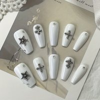 10 pieces of handmade pressed nails, spring and summer nail art, fake nails, DIY, dark nail art retro stars white nails suitable