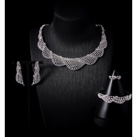 00119 Elegant Wave Pattern 4-Piece Jewelry Set Cubic Zircon Bridal Party Necklace Bracelet Earrings Ring for Women Evening Prom
