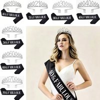 Silvery 18th 21th 30th 40th 50th 60th 70th Birthday Crown and 'x & Fabulous' Sash Party Favor Supplies for Girls