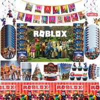 Roblox Theme Birthday Party Decoration Tableware Set Plate Cup Tablecloth Balloons Backdrop Banner Gift Bags Boys Party Supplies