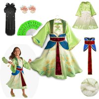 Mulan Cosplay Costume Girl Chinese-style Long-sleeved Hanfu with Hair Accessories Necklace Halloween Girl Hero Costume