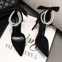 Women's Fashion Bow Sandals Summer Black Simulation Pearls Shoes Sexy Pointed Stiletto Party Office High Heels Zapatos De Fiesta