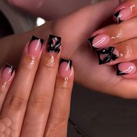 24PCS Pressing Style Nail, Square Shaped Fake Nail, Black French Fake Nail With 3d Bow Design, Acrylic Nail, Delicate Artificial