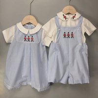 Children's Boutique Clothing Summer Toddler Boy Short-sleeved Soldier Embroidered Cotton Shirt Striped Overalls British Style