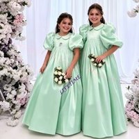 CustomizedGirl Gown Elegant Princess Draped Flower Girl Dress for Wedding Party Neck High Waist Balloon Sleeve Holy Communion Dr