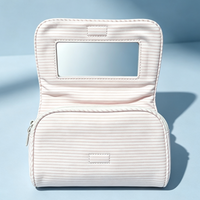 Rosa-weiß gestreifte Kosmetiktasche mit Klappverschluss, integriertem Spiegel, tragbar, ideal für Geschäftsreisen, Kosmetikaufbewahrungstasche für Damen, exquisite kleine Tasche.