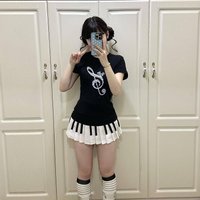 Music Note Print Cotton Black Tee Women Slim Fit Short Top Piano Skirt Set Vintage Y2K Casual Streetwear Summer Stylish Outfit